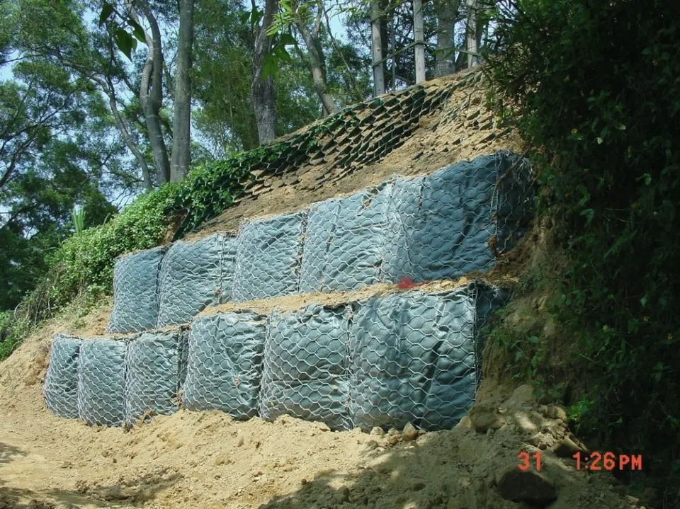 坡面上階梯式堆疊的鐵絲網籠,上方有格室材料與植物